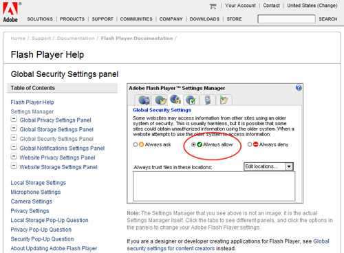 Flash Player Security setting management